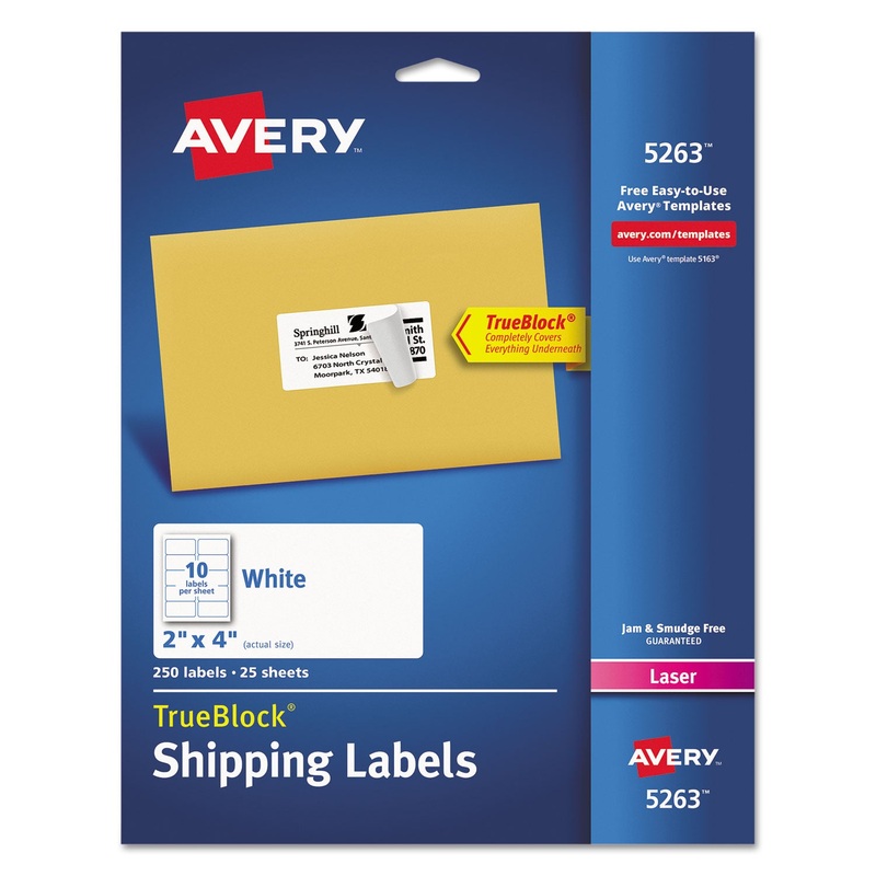SHIPPING LABELS W/ TRUEBLOCK TECHNOLOGY, LASER PRINTERS, 2 X 4, WHITE, 10/SHEET, 25 SHEETS/PACK