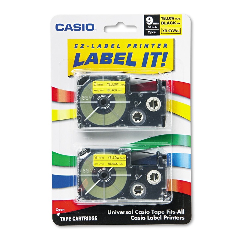 TAPE CASSETTES FOR KL LABEL MAKERS, 0.37″ X 26 FT, BLACK ON YELLOW, 2/PACK