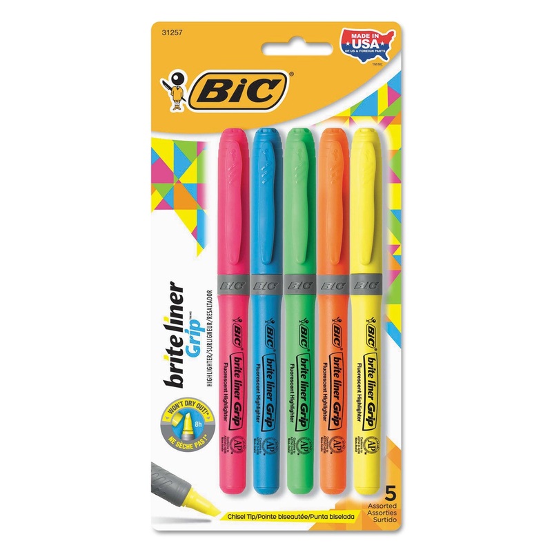 BRITE LINER GRIP POCKET HIGHLIGHTER , CHISEL TIP, ASSORTED COLORS, 5/SET