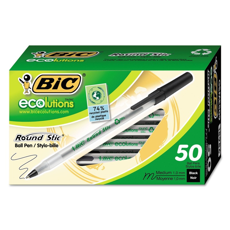 ECOLUTIONS ROUND STIC STICK BALLPOINT PEN, 1MM, BLACK INK, CLEAR BARREL, 50/PACK
