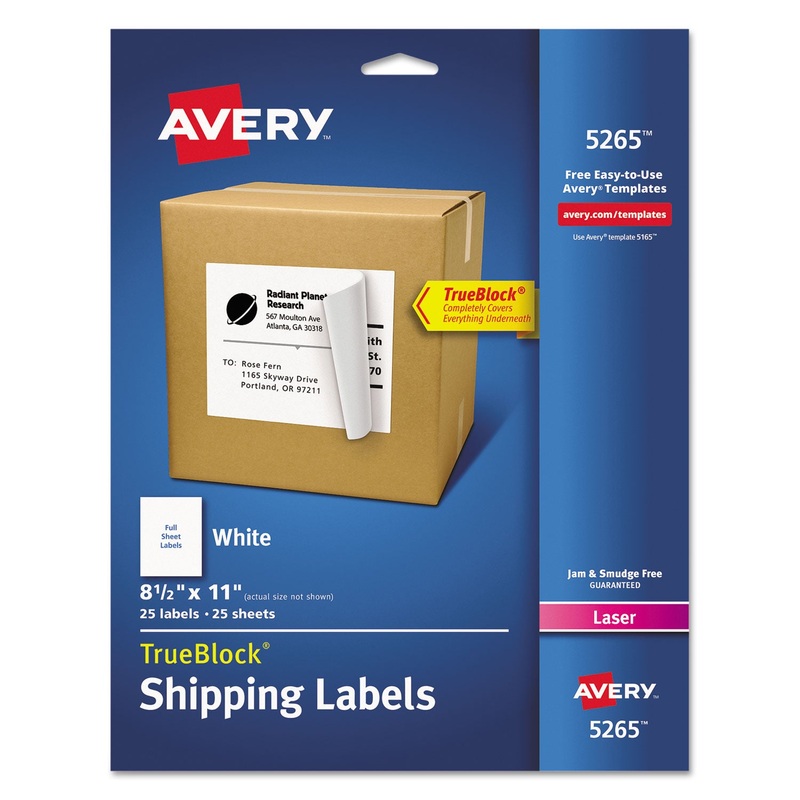 SHIPPING LABELS WITH TRUEBLOCK TECHNOLOGY, LASER PRINTERS, 8.5 X 11, WHITE, 25/PACK
