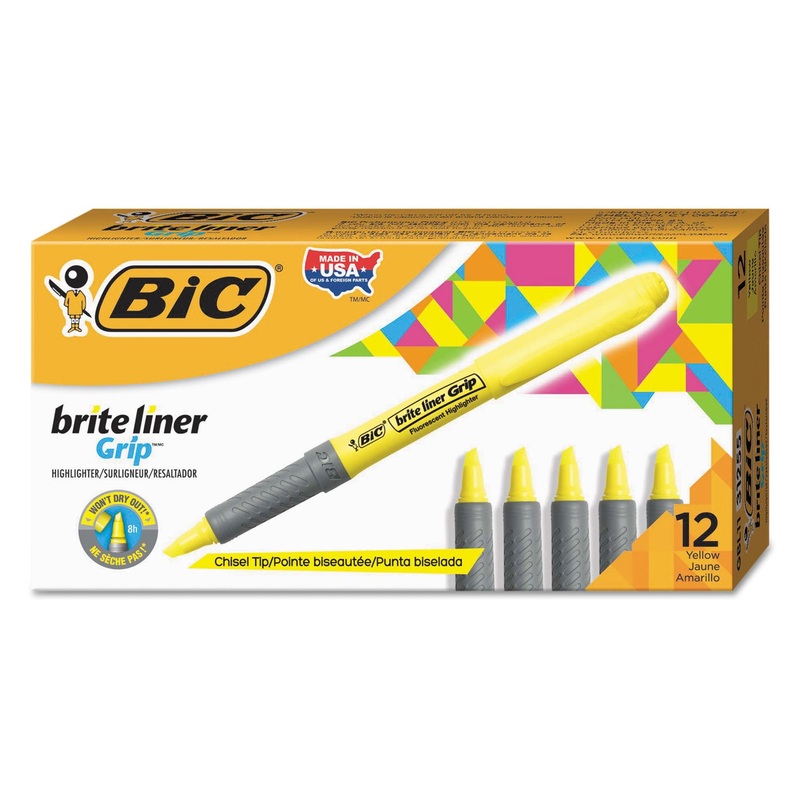 BRITE LINER GRIP POCKET HIGHLIGHTER , CHISEL TIP, FLUORESCENT YELLOW, DOZEN