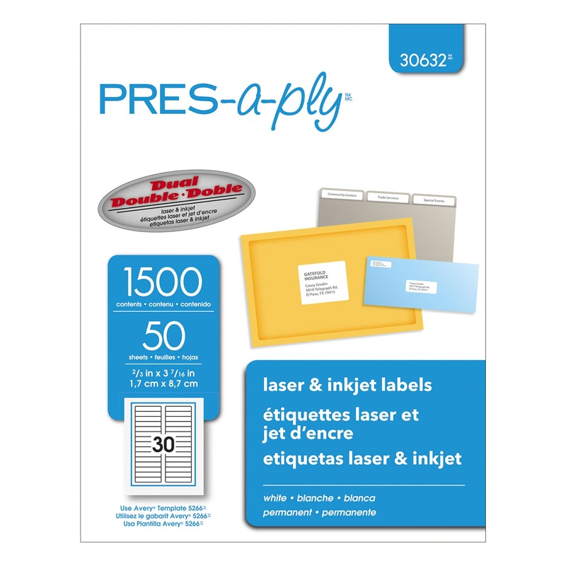 LABELS, 0.66 X 3.44, WHITE, 30/SHEET, 50 SHEETS/BOX