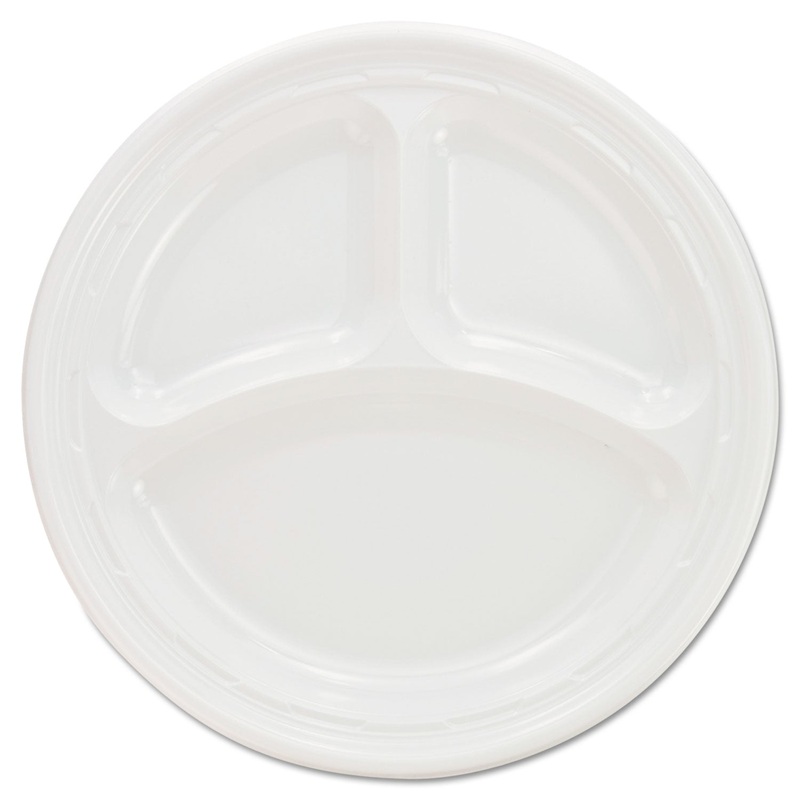 Plastic Plates, 9 Inches, White, 3 Compartments, Round, 125/pack