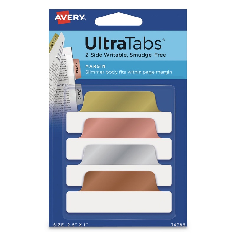 ULTRA TABS REPOSITIONABLE MARGIN TABS, 1/5-CUT TABS, ASSORTED METALLIC, 2.5″ WIDE, 24/PACK