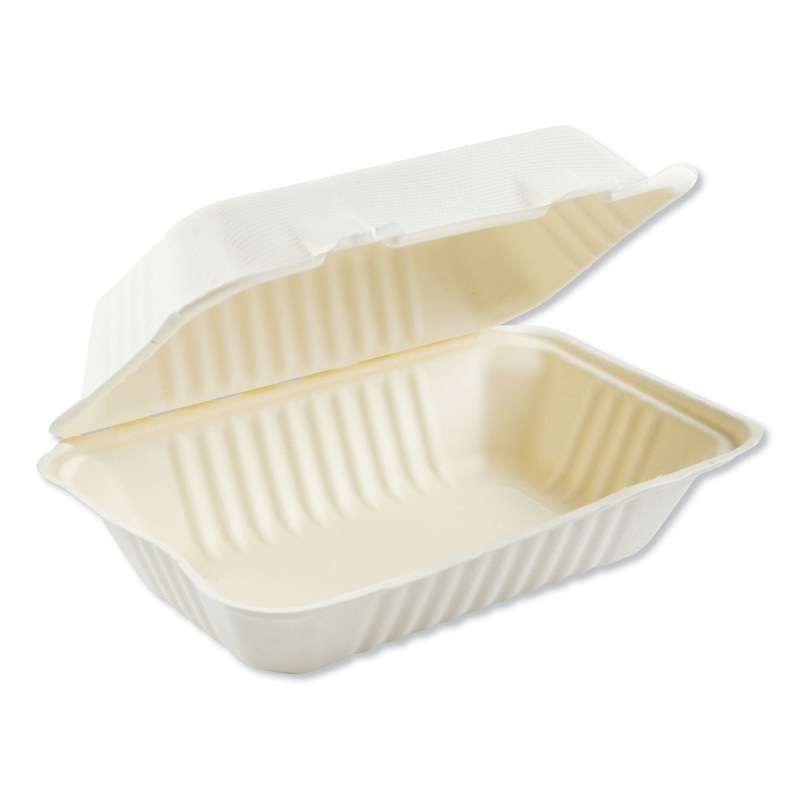 BAGASSE MOLDED FIBER FOOD CONTAINERS, HINGED-LID, 1-COMPARTMENT 9 X 6, WHITE, 125/SLEEVE, 2 SLEEVES/CARTON