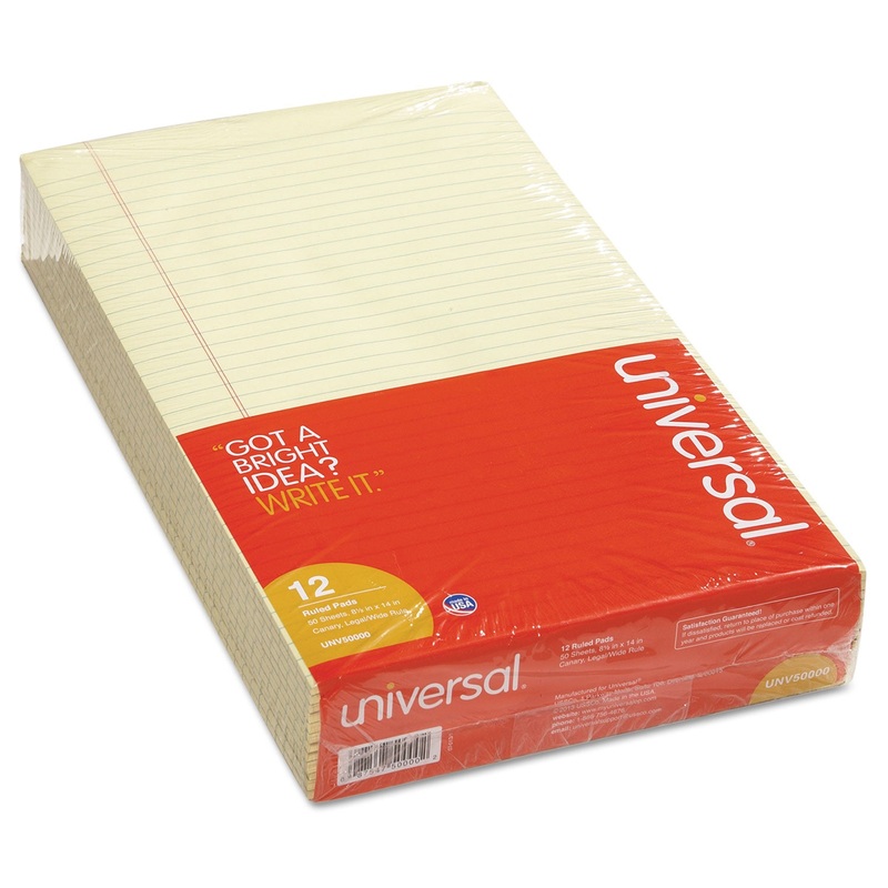 GLUE TOP PADS, WIDE/LEGAL RULE, 8.5 X 14, CANARY, 50 SHEETS, DOZEN