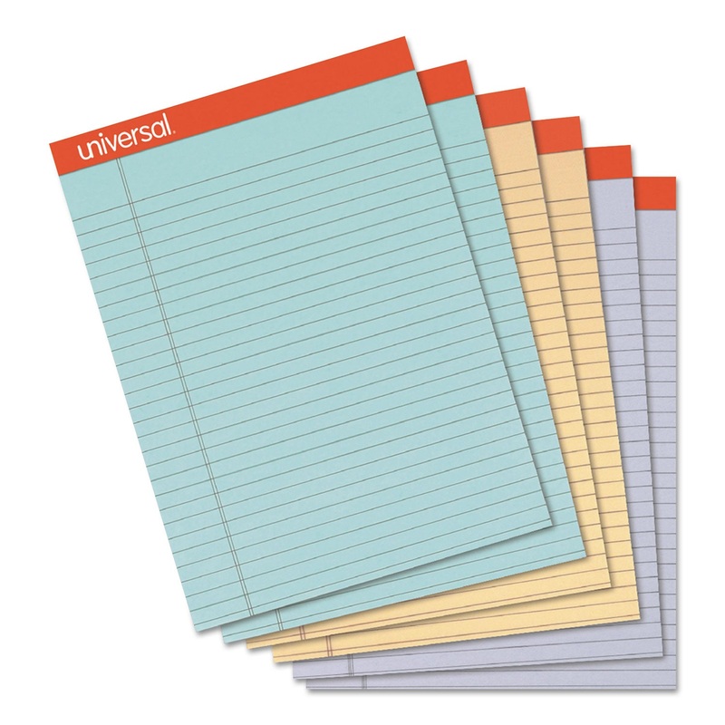 PERFORATED WRITING PADS, WIDE/LEGAL RULE, 8.5 X 11.75, ASSORTED SHEET COLORS, 50 SHEETS, 6/PACK