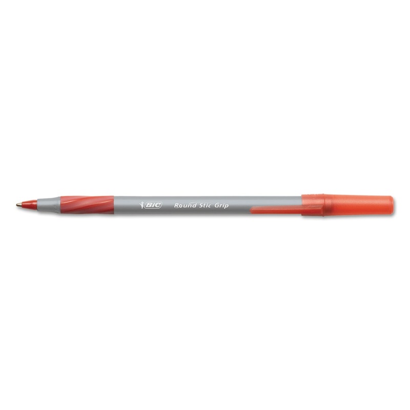 ROUND STIC GRIP XTRA COMFORT STICK BALLPOINT PEN, 1.2MM, RED INK, GRAY BARREL, DOZEN