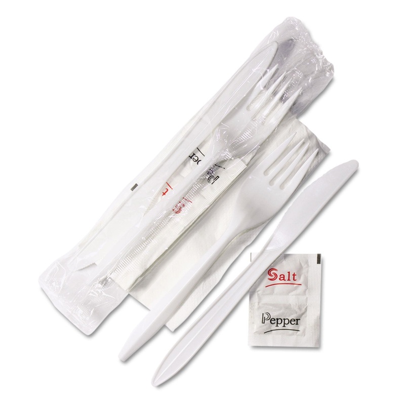 Wrapped Cutlery Kit, 6 1/4″, Fork/knife/napkin/salt/pepper, White, 500/carton