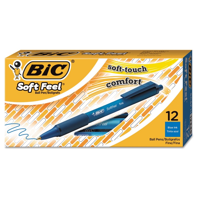 SOFT FEEL RETRACTABLE BALLPOINT PEN, FINE 0.8MM, BLUE INK/BARREL, DOZEN