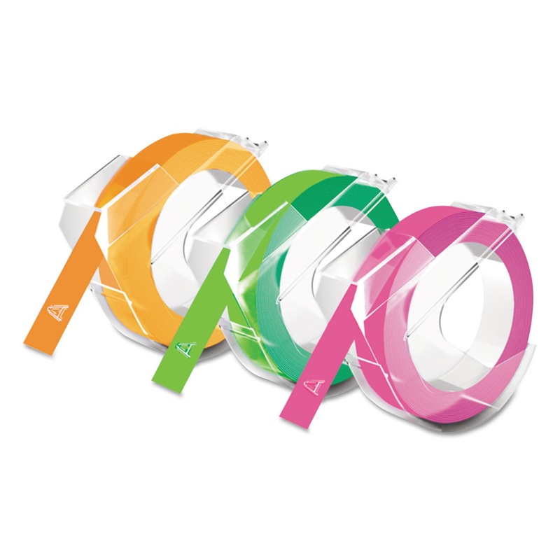 SELF-ADHESIVE GLOSSY LABELING TAPE FOR EMBOSSERS, 0.37″ X 9.8 FT ROLL, ASST, 3 ROLLS/PACK