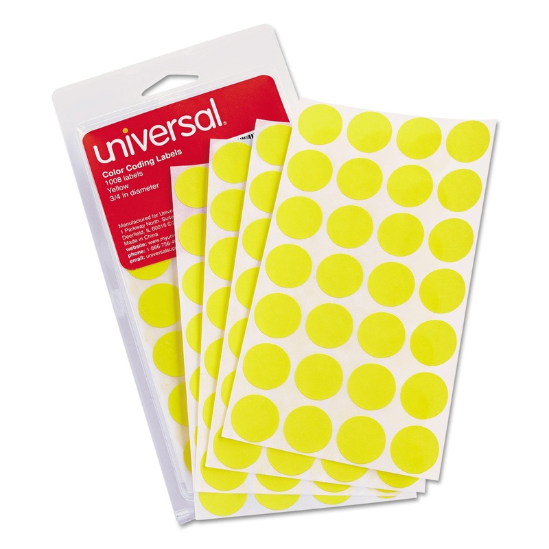 SELF-ADHESIVE REMOVABLE COLOR-CODING LABELS, 0.75″ DIA., YELLOW, 28/SHEET, 36 SHEETS/PACK