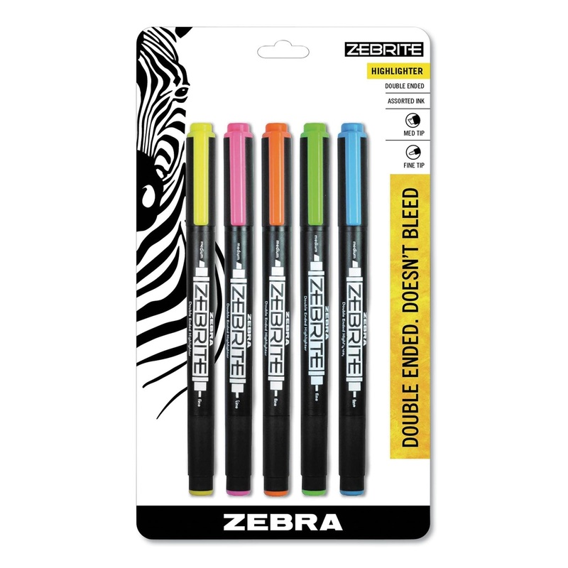 ZEBRITE ECO DOUBLE-ENDED HIGHLIGHTER, CHISEL/BULLET TIP, ASSORTED COLORS, 5/SET