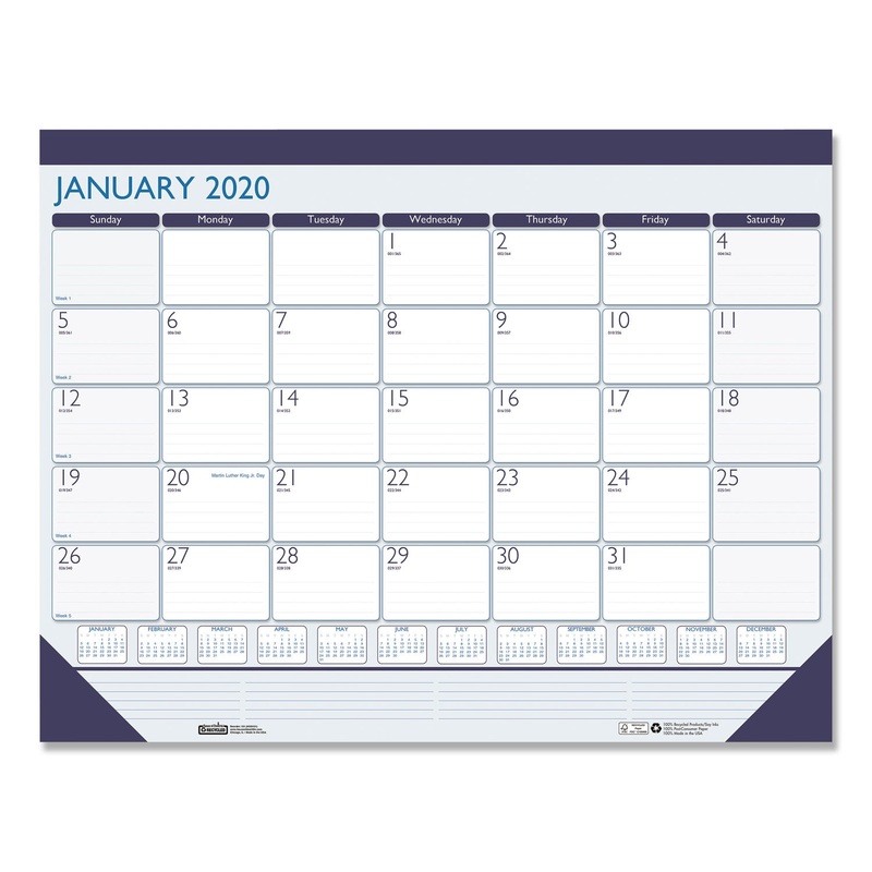 100% RECYCLED CONTEMPO DESK PAD CALENDAR, 22 X 17, BLUE, 2020