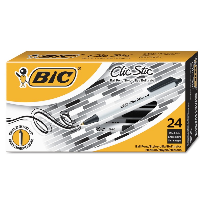 CLIC STIC RETRACTABLE BALLPOINT PEN, MEDIUM 1 MM, BLACK INK, WHITE BARREL, 24/PACK