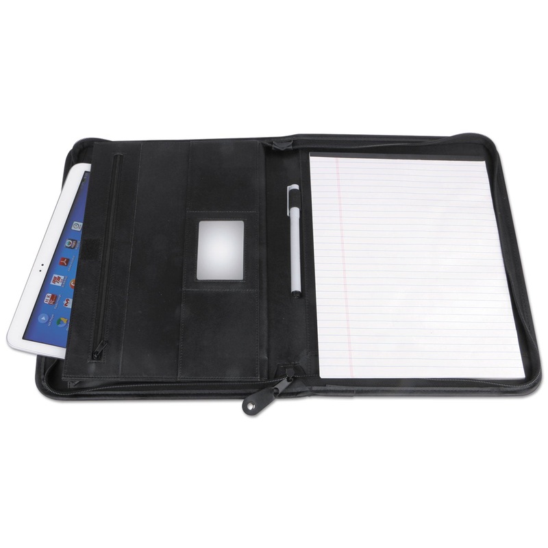 Leather Textured Zippered Padfolio With Tablet Pocket, 10 3/4 X 13 1/8, Black