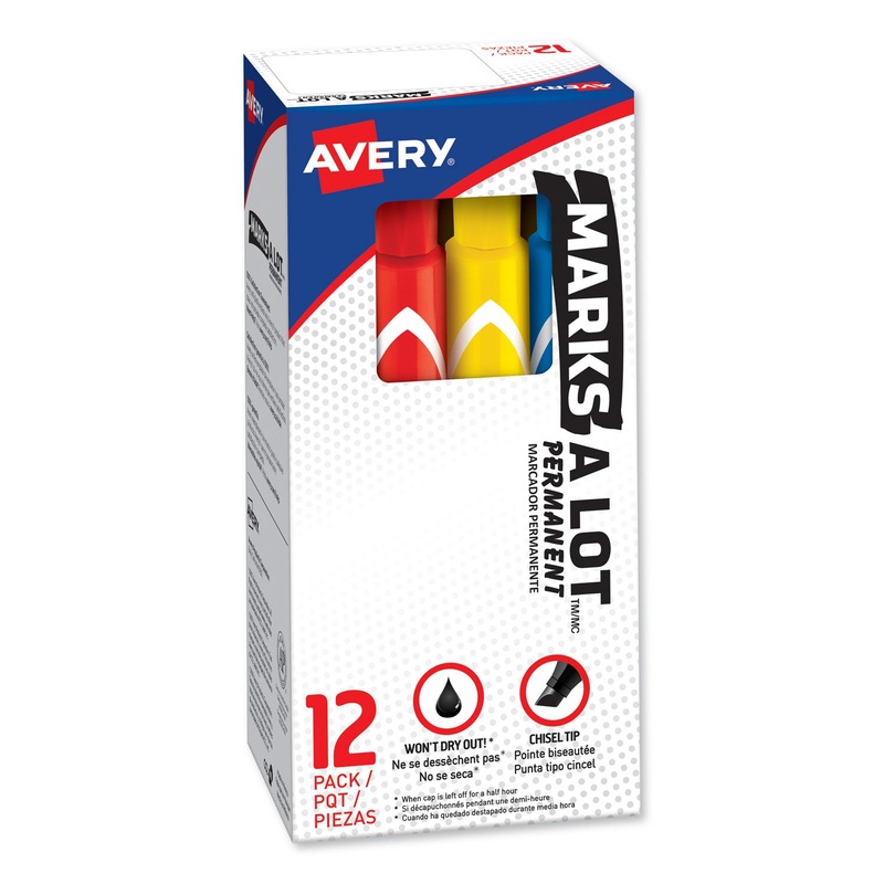 MARKS A LOT LARGE DESK-STYLE PERMANENT MARKER, BROAD CHISEL TIP, ASSORTED COLORS, 12/SET