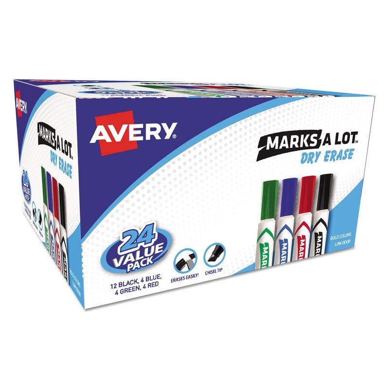 MARKS A LOT DESK-STYLE DRY ERASE MARKER VALUE PACK, BROAD CHISEL TIP, ASSORTED COLORS, 24/PACK