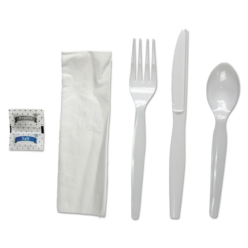 6-Pc. Cutlery Kit, Condiment/fork/knife/napkin/spoon, Heavyweight, White, 250/ct