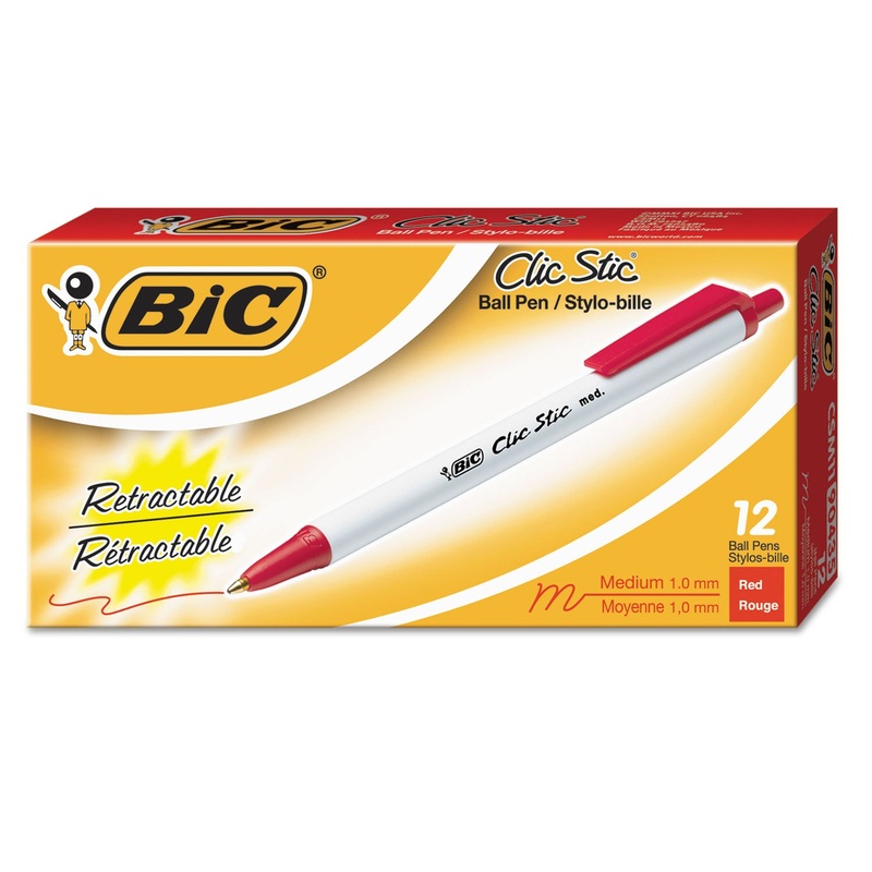 CLIC STIC RETRACTABLE BALLPOINT PEN, MEDIUM 1 MM, RED INK, WHITE BARREL, DOZEN