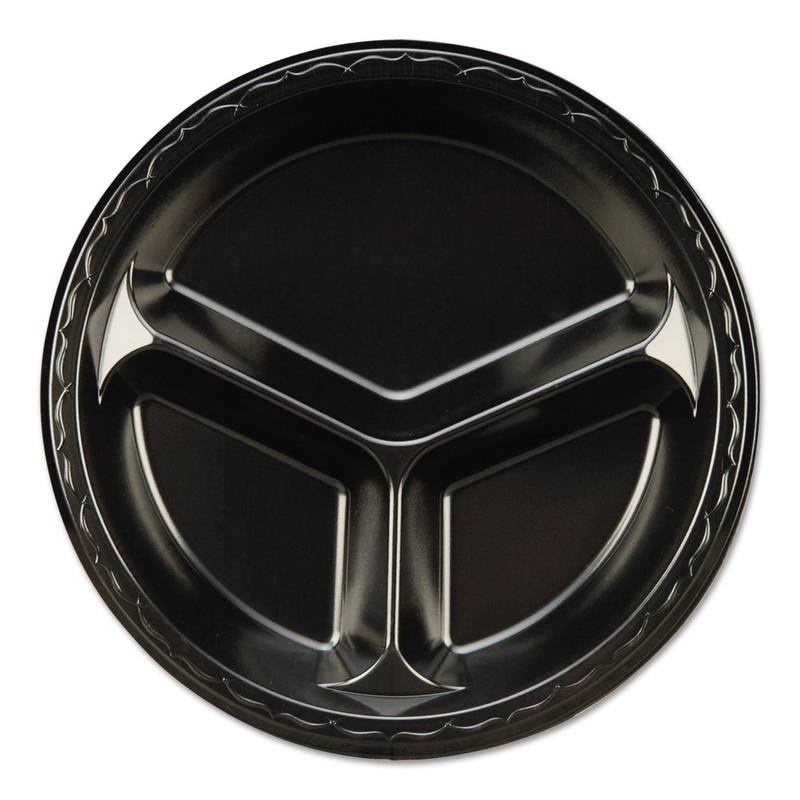 Elite Laminated Foam 3-Compartment Plate, 10 1/4″ Dia, Black, 125/pack, 4 Pk/ct