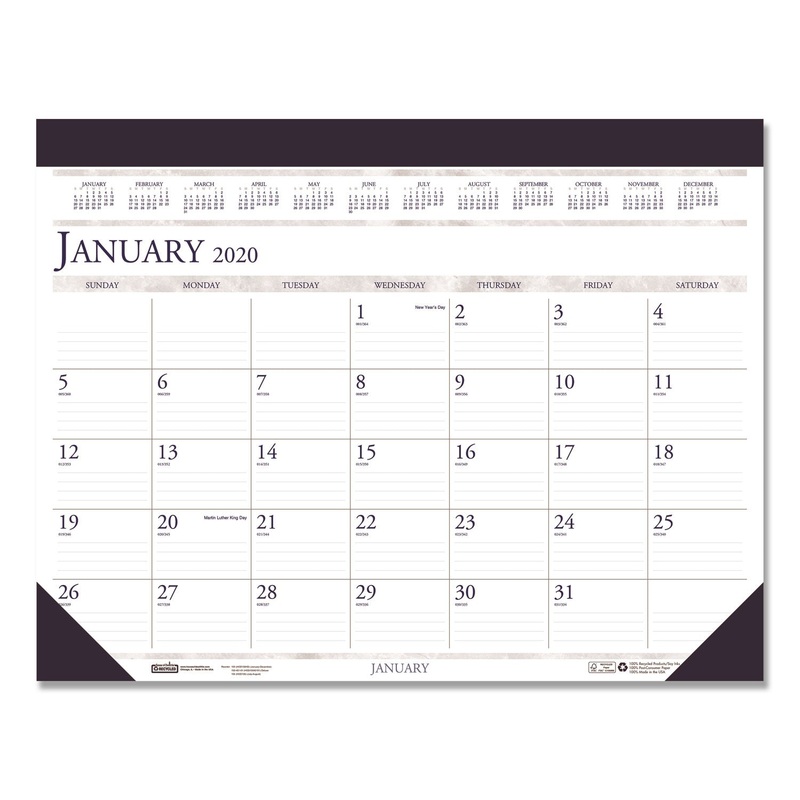 RECYCLED TWO-COLOR REFILLABLE MONTHLY DESK PAD CALENDAR, 22 X 18, 2020