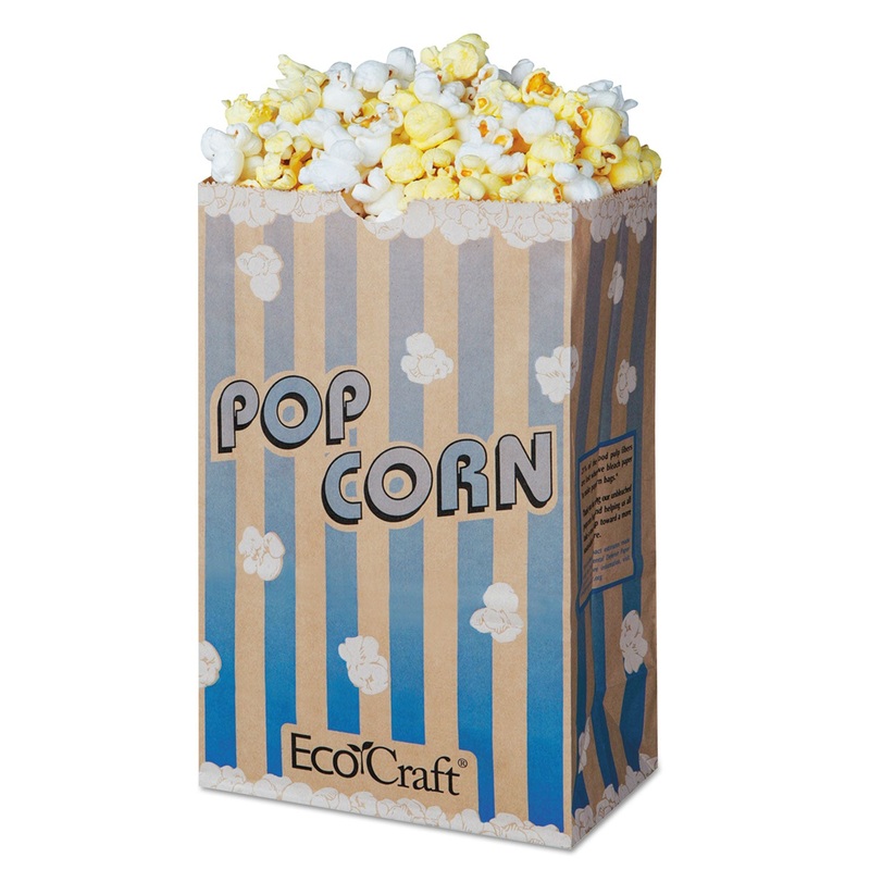 ECOCRAFT GREASE-RESISTANT POPCORN BAGS, 85 OZ, 2-PLY, 3.25″ X 8.63″, BLUE STRIPE/NATURAL, 500/CARTON