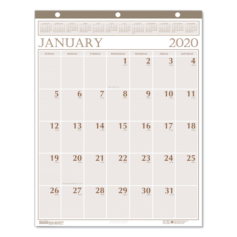 RECYCLED LARGE PRINT MONTHLY WALL CALENDAR, LEATHERETTE BINDING, 20 X 26, 2020
