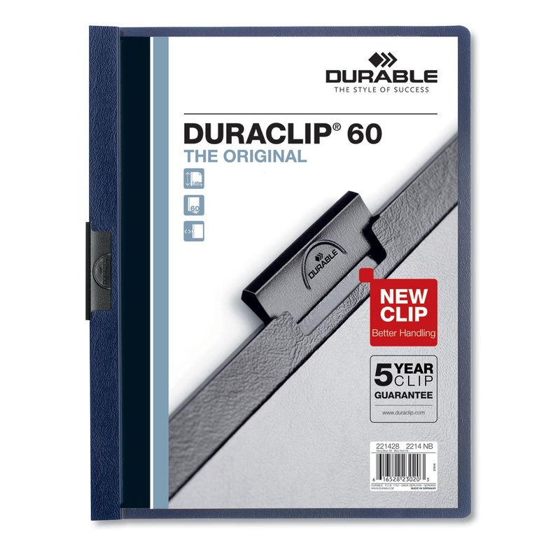 VINYL DURACLIP REPORT COVER W/CLIP, LETTER, HOLDS 60 PAGES, CLEAR/NAVY, 25/BOX