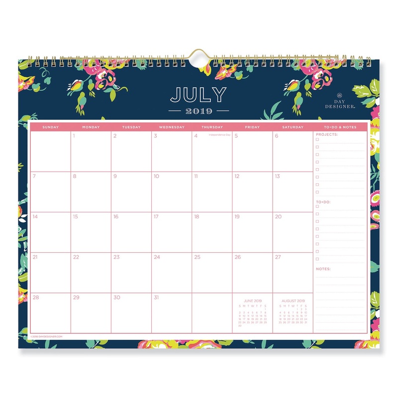 DAY DESIGNER ACADEMIC YEAR WALL CALENDAR, 15 X 12, NAVY/FLORAL, 2019-2020