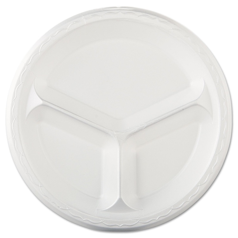 Elite Laminated Foam Dinnerware, 3-Comp Plate, 10.25″dia, White, 125/pk, 4 Pk/ct