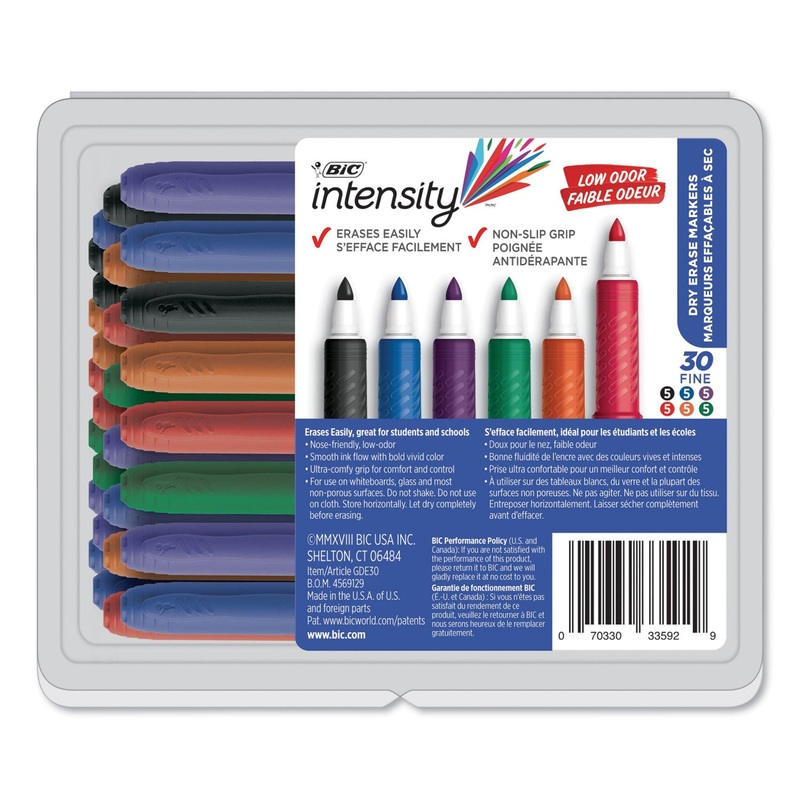 INTENSITY LOW ODOR DRY ERASE MARKER, FINE BULLET TIP, ASSORTED COLORS, 30/SET