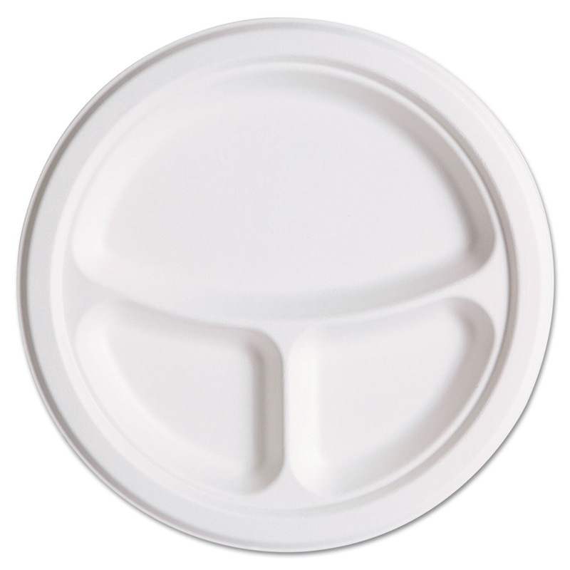 Renewable & Compostbl Sugarcane Plates Club Pack – 10″ 3-Cmpt, 50/pk, 10 Pk/ct