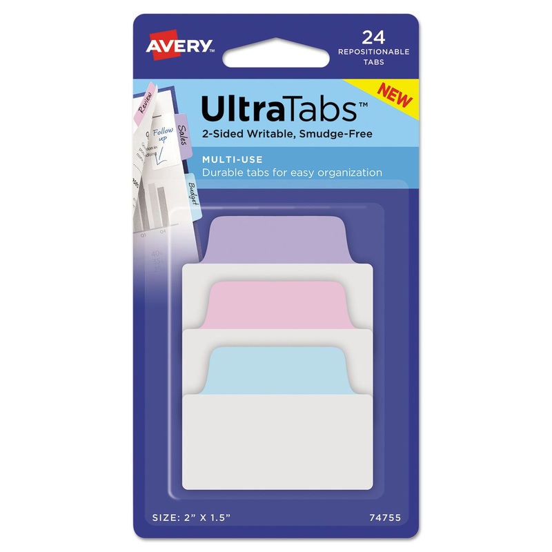 ULTRA TABS REPOSITIONABLE STANDARD TABS, 1/5-CUT TABS, ASSORTED PASTELS, 2″ WIDE, 24/PACK