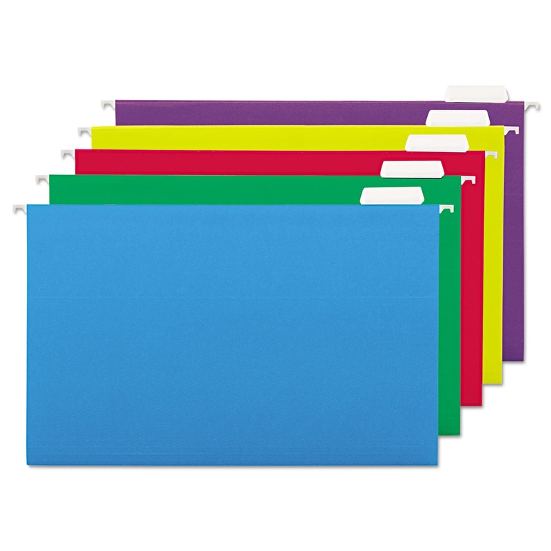 DELUXE BRIGHT COLOR HANGING FILE FOLDERS, LEGAL SIZE, 1/5-CUT TAB, ASSORTED, 25/BOX