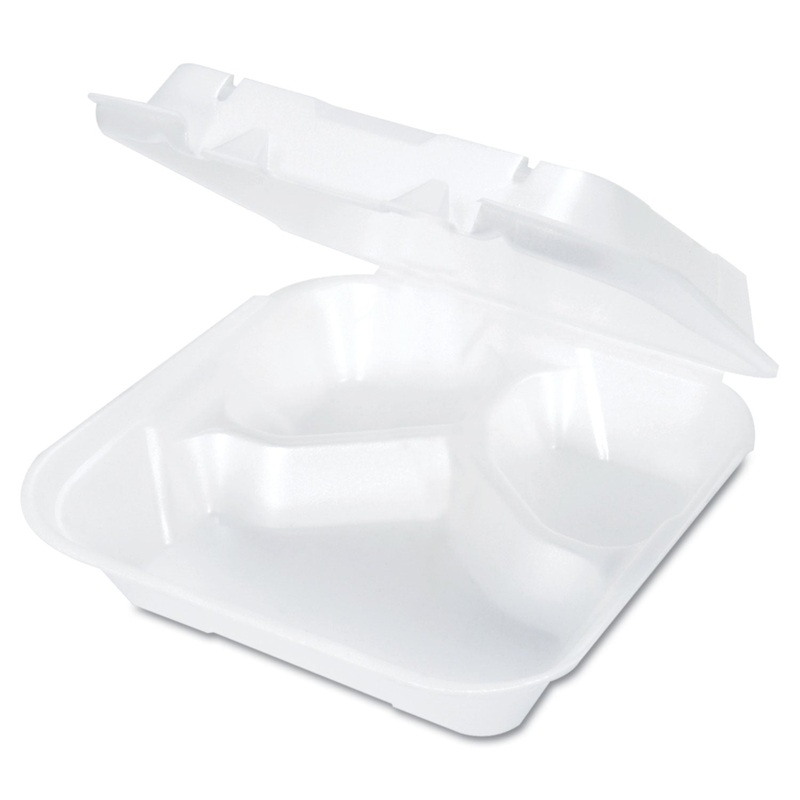Snap-It Vented Foam Hinged Container, 3-Comp, White, 8 1/4x8x3, 100/bg, 2 Bg/ct
