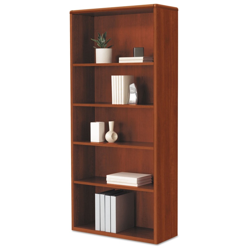 10700 Series Wood Bookcase, 5 Shelf/3 Adjust, 32 3/8 X 13 1/8 X 71, Cognac