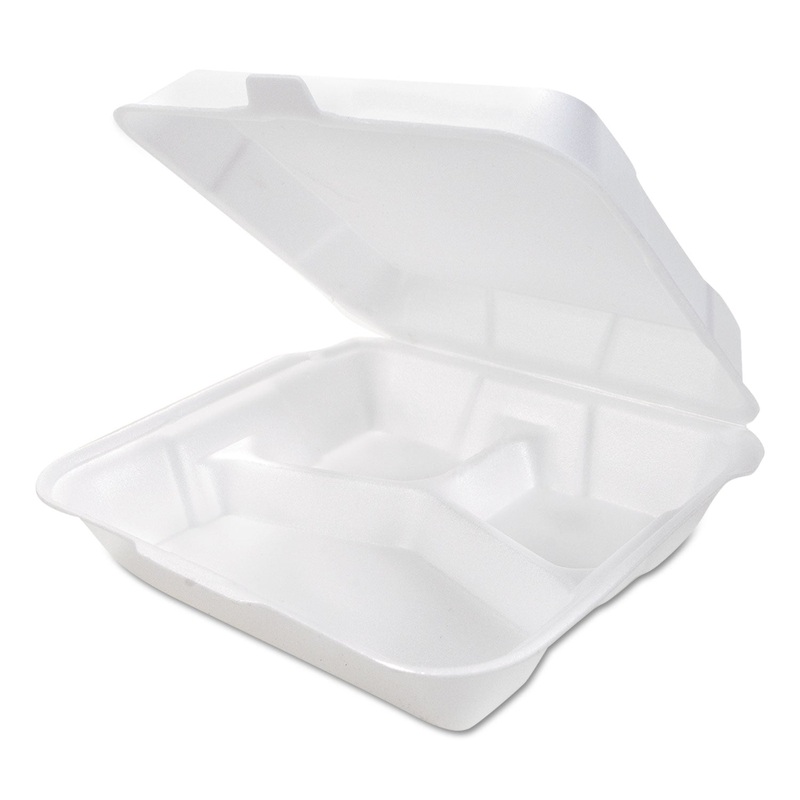 Snap-It Hinged Carryout Container, Foam, 3-Compartment, Medium, White, 200/ct