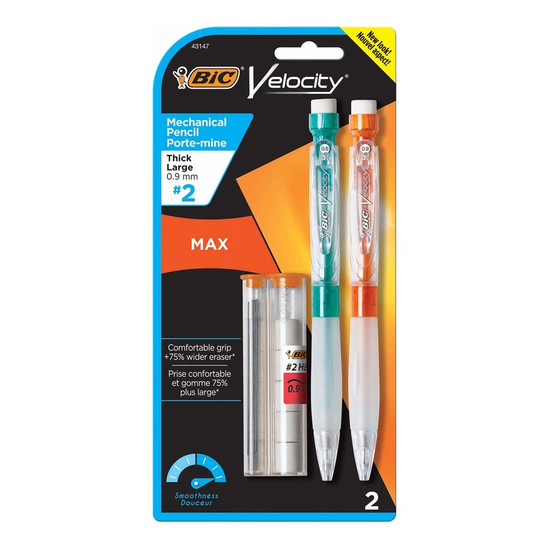 VELOCITY MAX PENCIL, 0.9 MM, HB (#2), BLACK LEAD, ASSORTED BARREL COLORS, 2/PACK