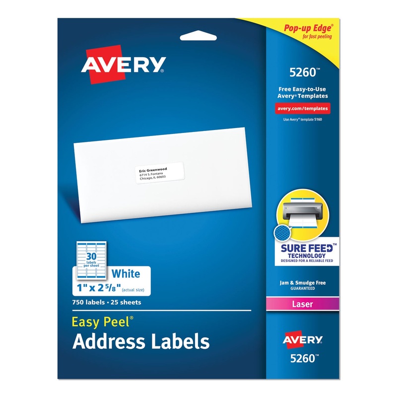 EASY PEEL WHITE ADDRESS LABELS W/ SURE FEED TECHNOLOGY, LASER PRINTERS, 1 X 2.63, WHITE, 30/SHEET, 25 SHEETS/PACK