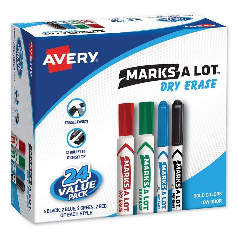 MARKS A LOT DESK/PEN STYLE DRY ERASE MARKER COMBO PACK, 12 BROAD BULLET TIP, 12 BROAD CHISEL TIP, ASSORTED COLORS, 24/PACK