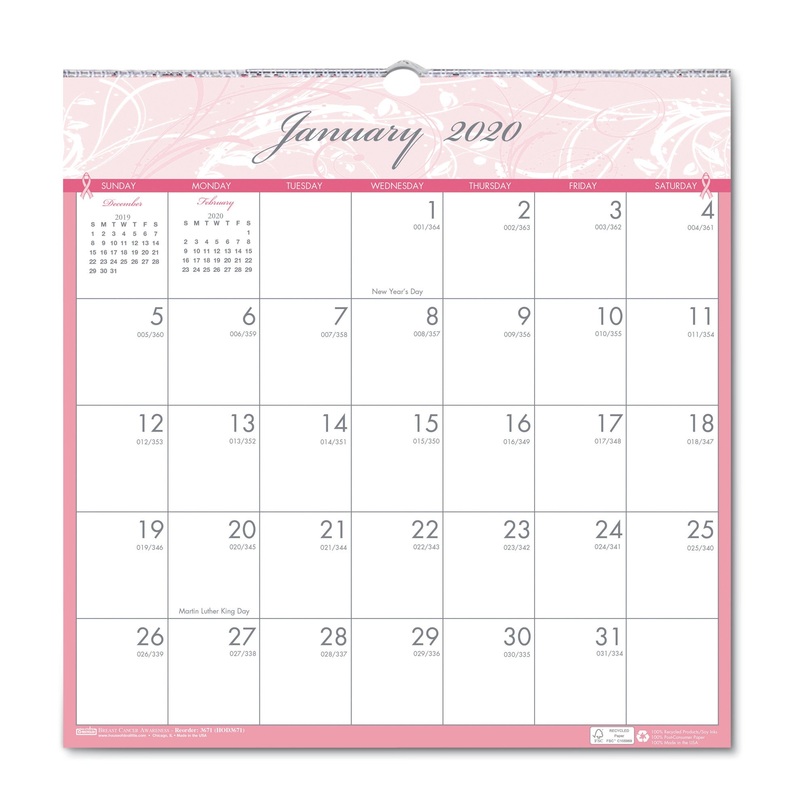 RECYCLED BREAST CANCER AWARENESS MONTHLY WALL CALENDAR, 12 X 12, 2020