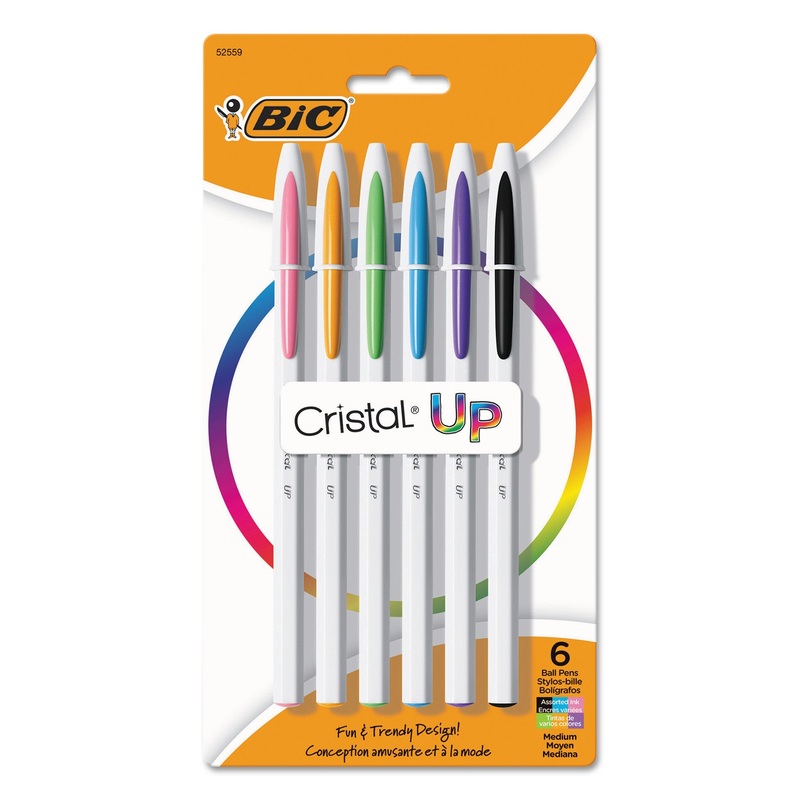 CRISTAL UP STICK BALLPOINT PEN, MEDIUM 1.2MM, ASSORTED INK, WHITE BARREL, 6/PACK