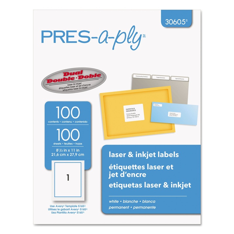 LABELS, LASER PRINTERS, 8.5 X 11, WHITE, 100/BOX