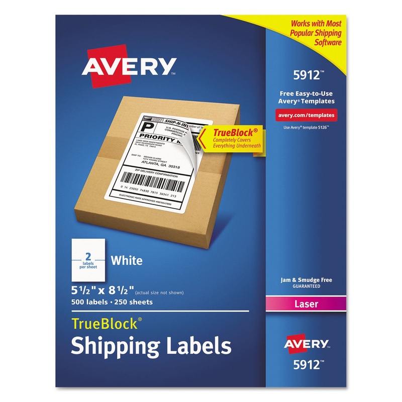 SHIPPING LABELS W/ TRUEBLOCK TECHNOLOGY, LASER PRINTERS, 5.5 X 8.5, WHITE, 2/SHEET, 250 SHEETS/BOX