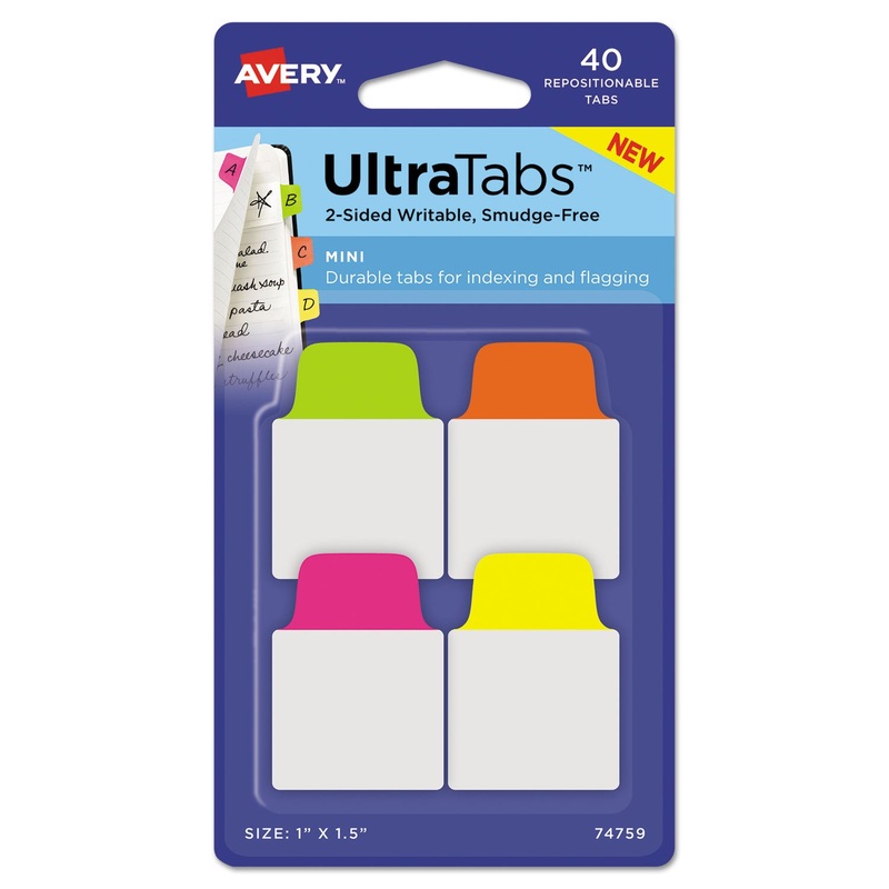 ULTRA TABS REPOSITIONABLE MINI TABS, 1/5-CUT TABS, ASSORTED NEON, 1″ WIDE, 40/PACK