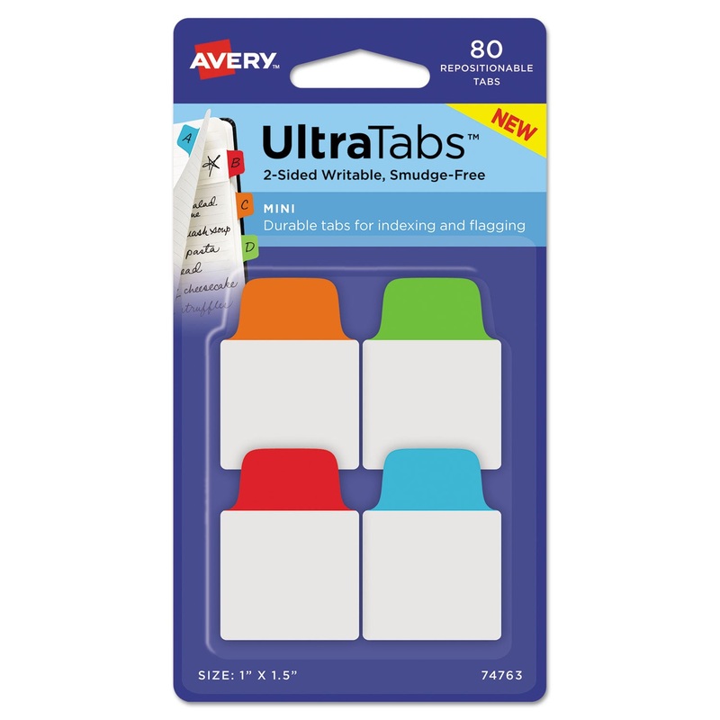 ULTRA TABS REPOSITIONABLE MINI TABS, 1/5-CUT TABS, ASSORTED PRIMARY COLORS, 1″ WIDE, 80/PACK