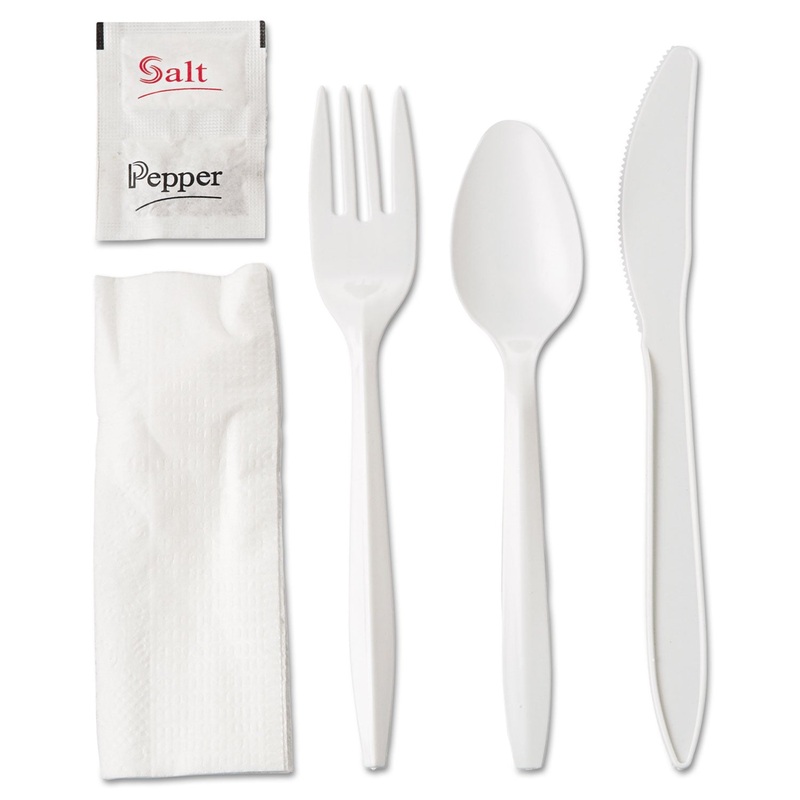 Wrapped Cutlery Kit, Fork/knife/spoon/napkin/salt/pepper, White, 250/carton