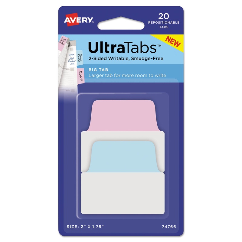 ULTRA TABS REPOSITIONABLE BIG TABS, 1/5-CUT TABS, ASSORTED PASTELS, 2″ WIDE, 20/PACK